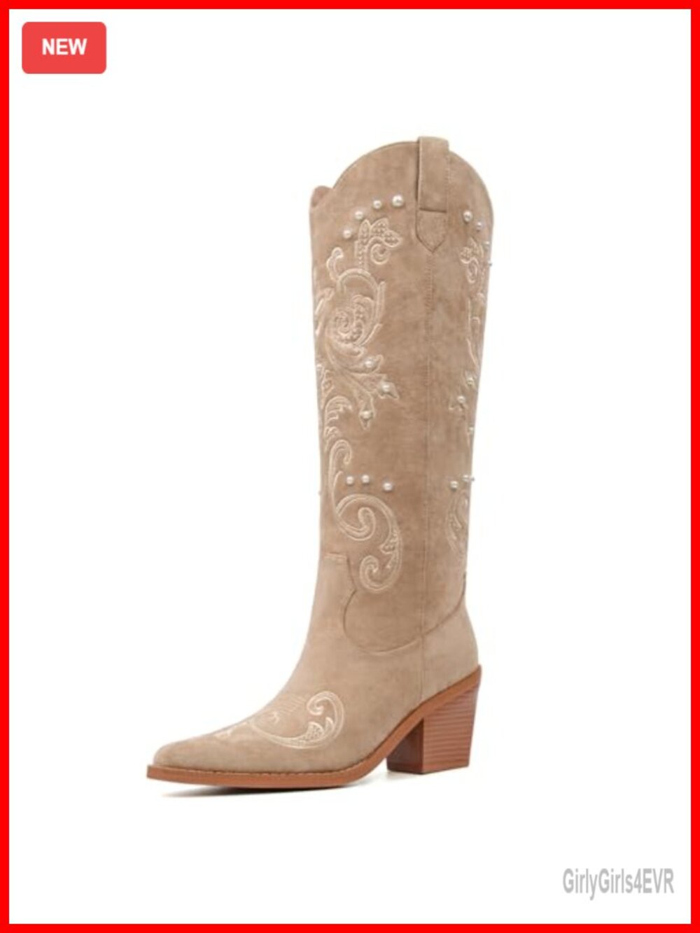 Knee High Cowgirl Boots Pointed Toe Chunky Heel PU Faux Leather Embroidered